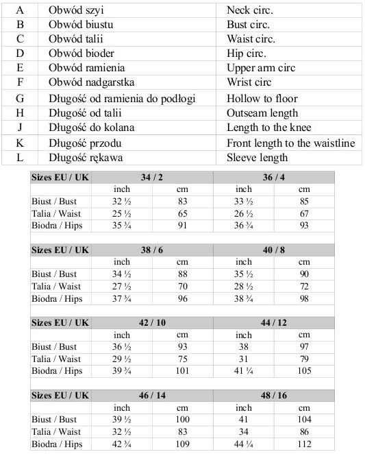 Jak poprawnie zdjąć miarę do sukni - opis + Tabela rozmiarów